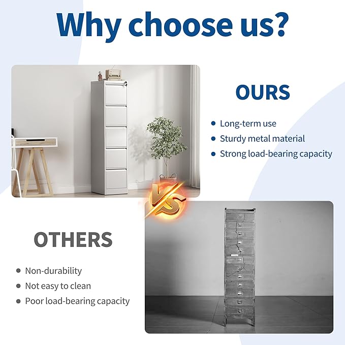 5-Drawer Locking Vertical File Cabinet, Metal Storage Cabinet for Office/Home – Secure Vertical Filing for Letter/Legal/A4/F4 Documents, Easy to Assemble Steel Cabinet (White, 5 Drawer-64 H)