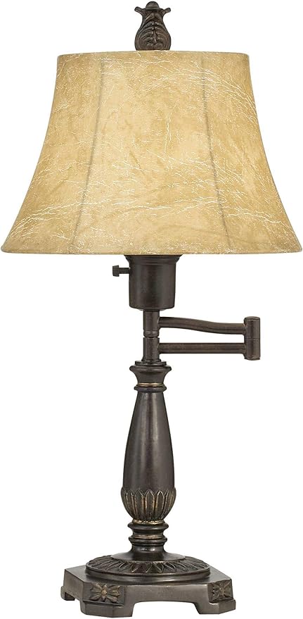 Regency Hill Traditional Rustic Natural Cottage Swing Arm Desk Table Lamp 22.5" High Bronze Metal Faux Leather Bell Leather Shade Decor Living Room Bedroom House Bedside Nightstand Home Office