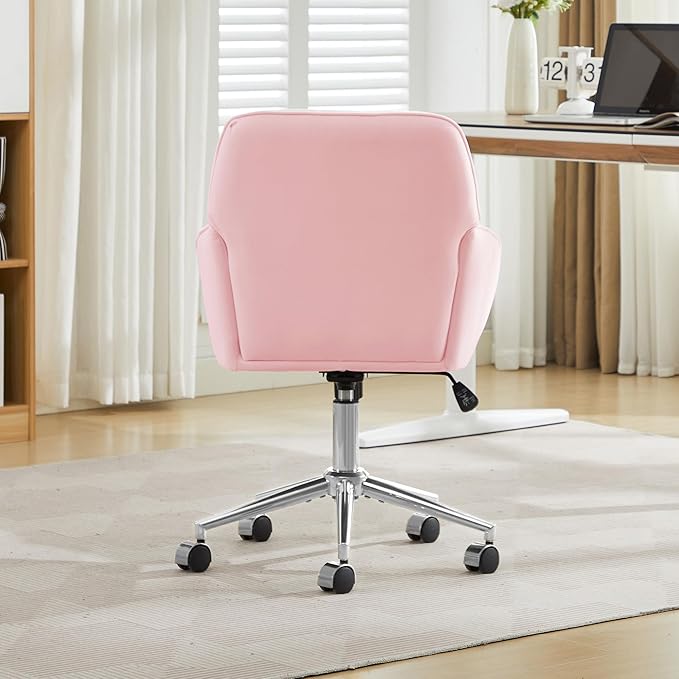 YISHENG Velvet Office Desk Chair with Silver Base, with Wheels,Modern Height Adjustable 360 Degree Swivel Upholstered Vanity Chairs with Arms for Living Room Bedroom,Pink