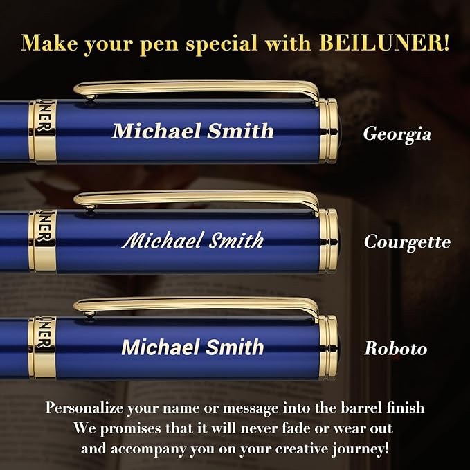 BEILUNER Blue Personalized Pen,Stunning Luxury Lacquer With 24K Gold,Schneider Ink Refills,Multiple Fonts To Custom Rollerball,Gift Pen For Men & Women,Executive,Graduation,Christmas,Nice Fancy Pens