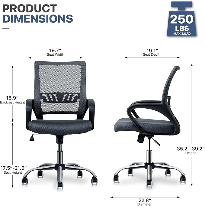 MoNiBloom Mesh Home Office Chair, Mid Back Ergonomic Rolling Swivel Chair with Lumbar Support and Armrest, 250 lbs Capacity, Grey