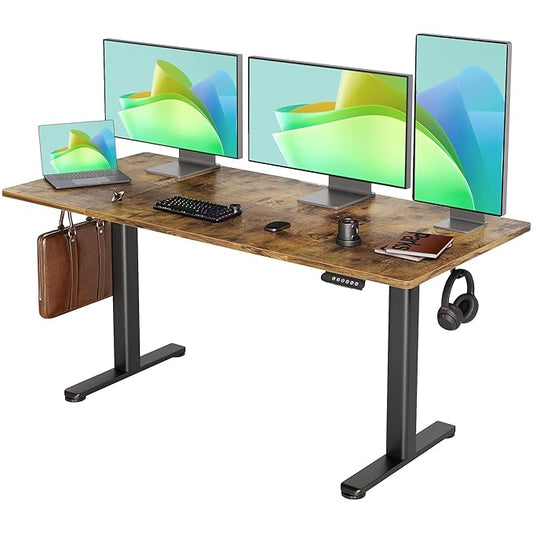 INNOVAR Electric Standing Desk, Adjustable Height Stand up Desks, 63 x 24 Inches Sit Stand up Desk for Home Office Computing, 3-Preset Memory Height Ergonomic Rising Desks, Rustic Brown