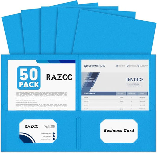 Two Pocket Folders, RAZCC 50 Pack 2Pocket Folders Fit Letter Size Paper, Paper Folders with Pockets for School Office Business Home, Blue, Cyan