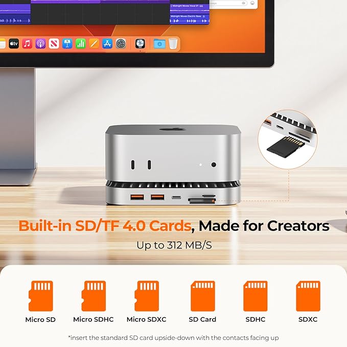 RayCue 40G Mac mini M4 Dock & Stand with 8T NVMe SSD Enclosure,2X USB-A 3.2 10Gbps, USB-C 3.2 10Gbps, SD/TF 4.0, 65W Power,8K DP Video Interface, 3.5m