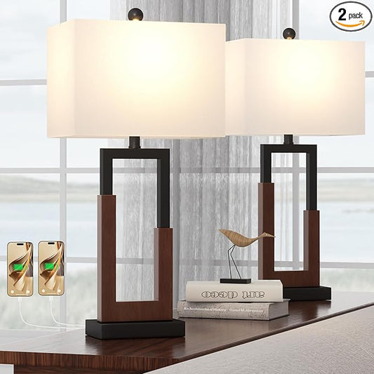 Maxax 30" Farmhouse Table Lamps Set of 2 for Living Room, Modern Black Bedside Lamps with USB & Type-C Port, 3-Way Dimmable Wood Bedroom Lamp with White Rectangular Lampshade for Nightstand