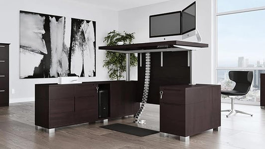 ZURI Furniture Ford Executive Modern Adjustable Height Desk with Left Return and Filing Cabinets - Dark Walnut