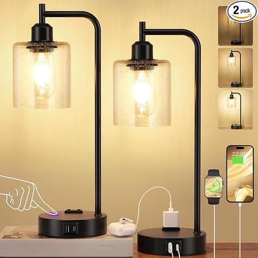 Industrial Touch Table Lamps for Bedrooms Set of 2 - 3-Way Dimmable Lamps with USB C+A Ports and Outlet, Black Bedside Lamps with Seeded Clear Glass Shade for Living Room, Desk Lamps for Home Office