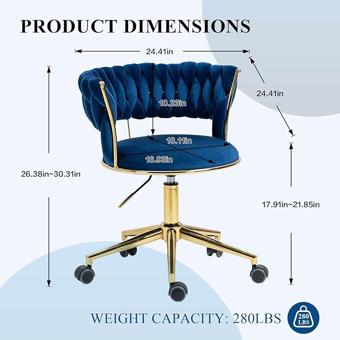 Home Office Chair with Hand Woven, Velvet Upholstered Desk Chair with Open Back, 360° Swivel & Height Adjustable Task Chair, Ergonomic Office Chair with Gold Base (Navy)