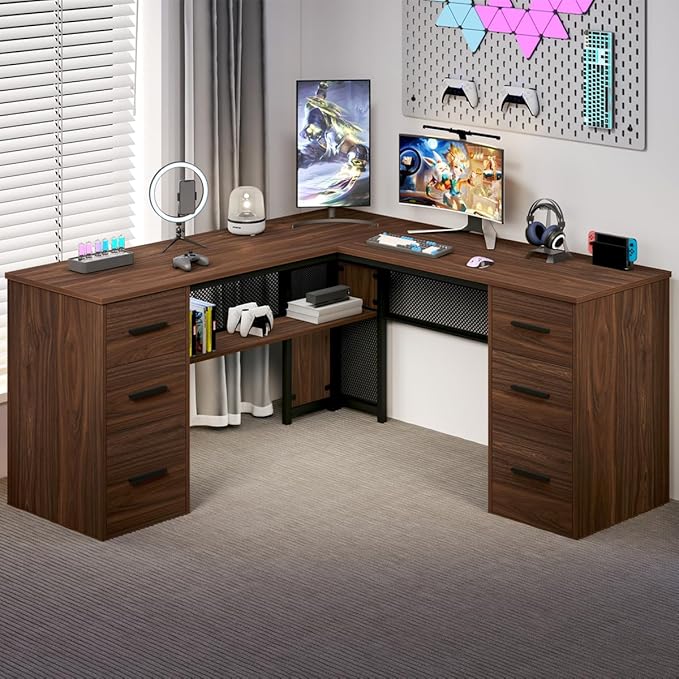 HSH Large L Shaped Executive Desk with Drawers, Home Office Metal Wood Computer Desk for Work Writing Study Gaming, Rustic L-Shaped Walnut Desk Table with File Drawer, Storage Cabinet Shelves, 59 in