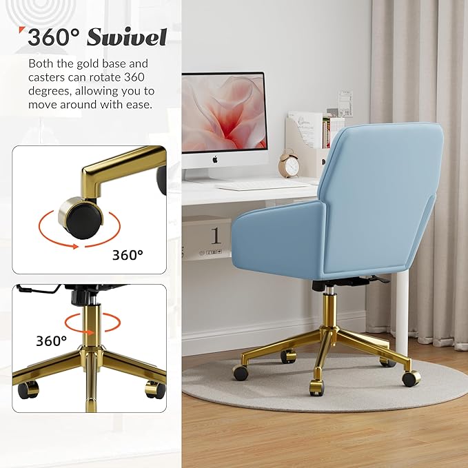 YISHENG Velvet Office Desk Chair with Gold Base, with Wheels,Modern Height Adjustable 360 Degree Swivel Upholstered Vanity Chairs with Arms for Living Room Bedroom,Sky Blue