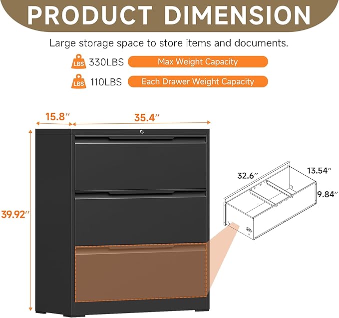 Coolsun Lateral File Cabinet, 3 Drawer File Cabinet with Lock, Wide Filing Cabinet for Home Office, Metal Locking Cabinet for Hanging A4/F4/Letter/Legal, Assembly Required (Black, 3 Drawer)