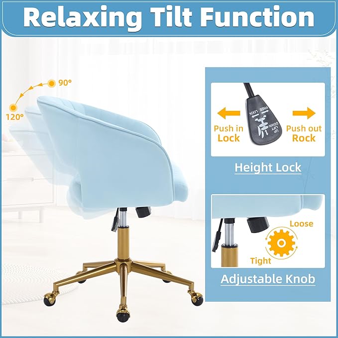 ABET Desk Chair with Wheels, Velvet Home Office Chair, Swivel Armchair Gold Base, Upholstered Modern Accent Chairs, Back Incline Adjustable for Living Room Bedroom Vanity, Light Blue