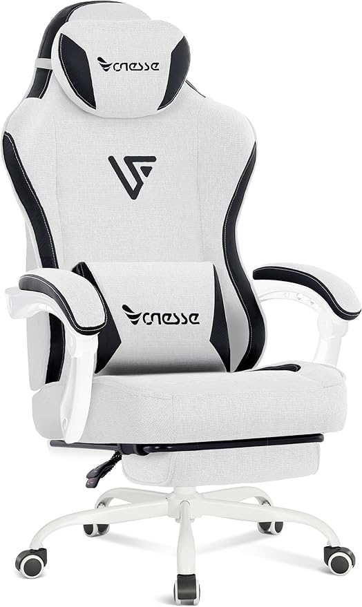 Vonesse Gaming Chair, Computer Chair Fabric with Pocket Spring Cushion, Office Chair with Footrest and Massage Lumbar Support, Reclining Gaming Chairs for Adults 250LBS (Beige White)