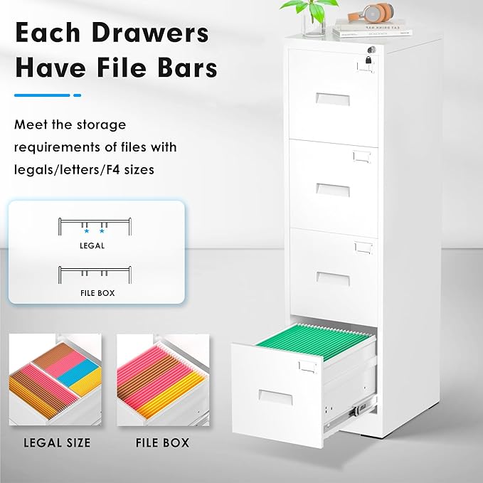 Greenvelly 18" D File Cabinet, 4 Drawer Vertical File Cabinet with Lock, Locking Filing Cabinet for Home Office, White Metal File Cabinet for Hanging Letter/Legal Folders, Easy Assemble