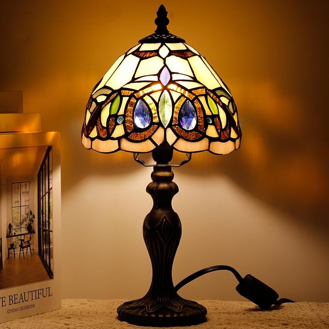 Small Tiffany Lamp Stained Glass Table Lamp Mini Desk Accent Light for Bedroom Bedside Reading Home Antique Style Decor 8X15 Inches (Serenity Victorian)