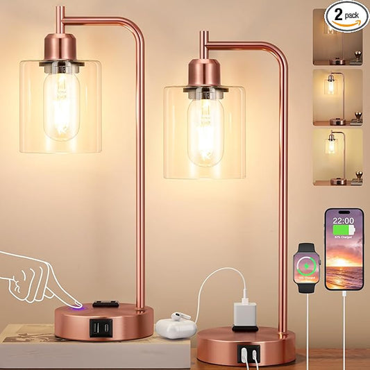 Innqoo Industrial Touch Table Lamps for Bedrooms Set of 2-3-Way Dimmable Lamps with USB C+A Ports and Outlet, Copper Bedside Lamps with Clear Glass Shade for Living Room, Desk Lamps for Home Office
