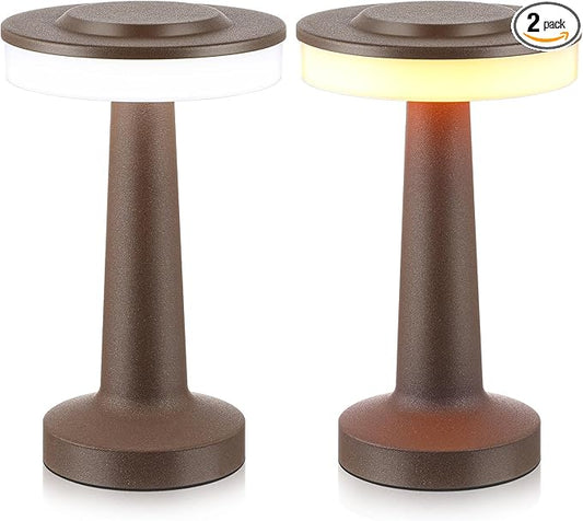 Riakrum Set of 2 LED Portable Cordless Table Lamp with Touch Sensor 3 Color Stepless Dimming Rechargeable Battery up to 15 Hours Cordless Table Light Wireless Lamp for Nursery(Brown,2 Pcs)