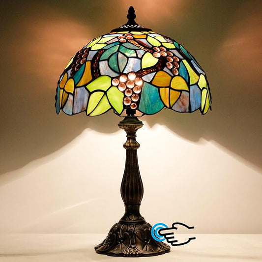 Tiffany Lamp Touch Control Table Lamp Purple Stained Glass Desk Lamp 12X12X19 Inches Grape Style Reading Light