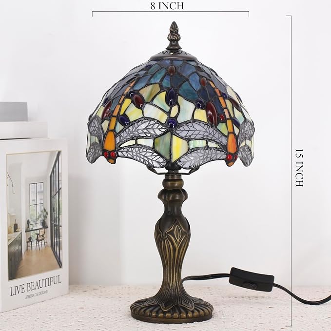 Small Tiffany Lamp Stained Glass Table Lamp Mini Desk Accent Light for Bedroom Bedside Reading Home Antique Style Decor 8X15 Inches (Blue Yellow)