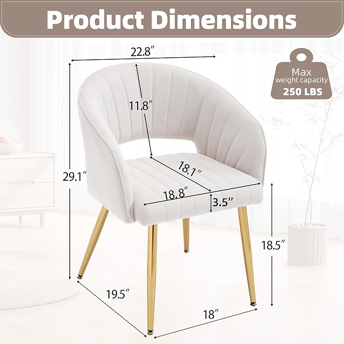 ABET Desk Chair with No Wheels, Velvet Home Office Armchair Gold Legs, Upholstered Modern Accent Chairs, Side Chair for Living Room Bedroom Vanity, Off-White Cream