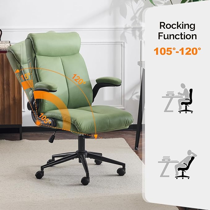 VINGLI Rolling Ergonomic Office Desk Chair with Padded Flip-up Arms, 360° Swivel High Back Executive Computer Task Chair with Wheels for Game,Home Small Space, Study Room, Reading Room,Pu Green