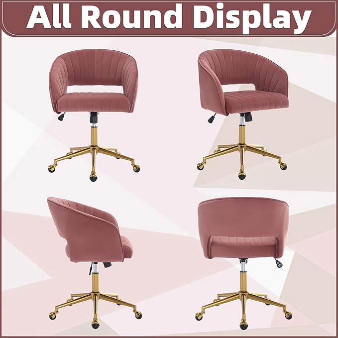 ABET Desk Chair with Wheels, Velvet Home Office Chair, Swivel Armchair Gold Base, Upholstered Modern Accent Chairs, Back Incline Adjustable for Living Room Bedroom Vanity, Bean Paste Red