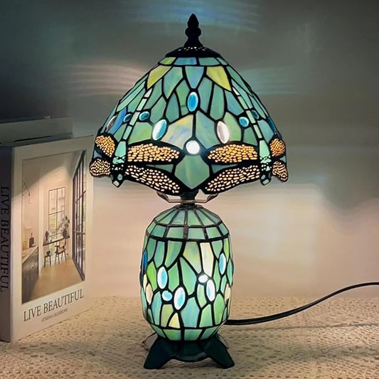 Small Tiffany Lamp Stained Glass Table Lamp Mini Mother Daughter Vase Desk Accent Light for Bedroom Bedside Reading Home Antique Style Decor 8X14 Inches (Sea Blue Dragonfly)