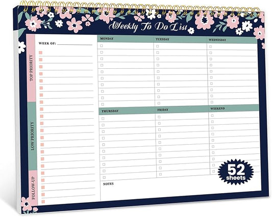 Weekly To Do List Notepad with 52 Undated Sheets（8.5"×11"）- Undated Weekly Planner Notepad for Office Desk Accessories and Supplies - Navy Blossom