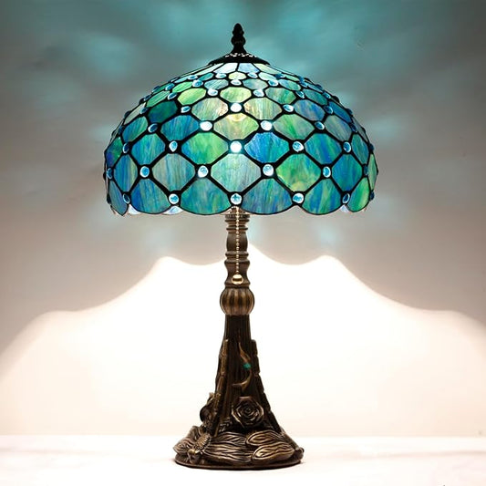 Tiffany Stained Glass Table Lamp 12X12X19 Inch Sea Blue Pearl Style Desk Bedroom Living Room Reading Light (Sea Blue Pearl)
