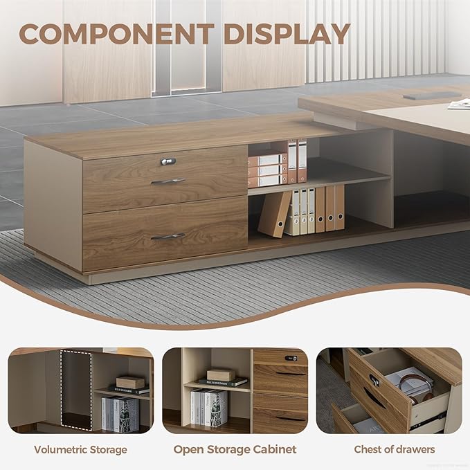 Premium Executive Desk, Modern L Shape Office Executive Desk with Drawers, Lockable Storage & Cable Management(Champagne Wood Grain+Beige/Left,79" L*63" W*30" H)