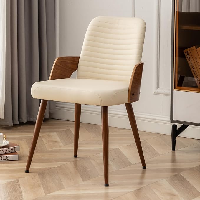 Dining Room Chairs,Mid Century Modern Kitchen Chair,Upholstered Faux Leather Accent Chairs,Metal Legs Wooden Desk Chair,Armless and No Wheels for Kitchen Dining,Beige PU,1PCS