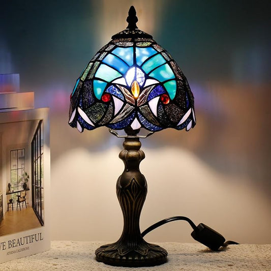Small Tiffany Lamp Stained Glass Table Lamp Mini Desk Accent Light for Bedroom Bedside Reading Home Antique Style Decor 8X15 Inches (Green)