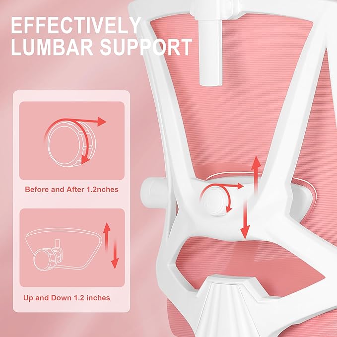 Misolant Ergonomic Office Chair with Footrest, Pink Desk Chair with Adjustable 2D Lumbar Support, High Back Mesh Ergonomic Office Chairs with Adjustable Headrest and Linkage Armrest