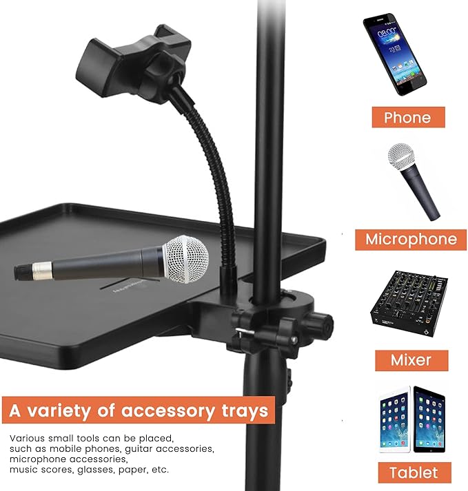 Phone holder Microphone Stand Tray, Clamp-On Rack Tray,Cell Phone Stand for Music Sheet,Compatible with Most Microphones Stands for Live Streaming,Karaoke, Recording