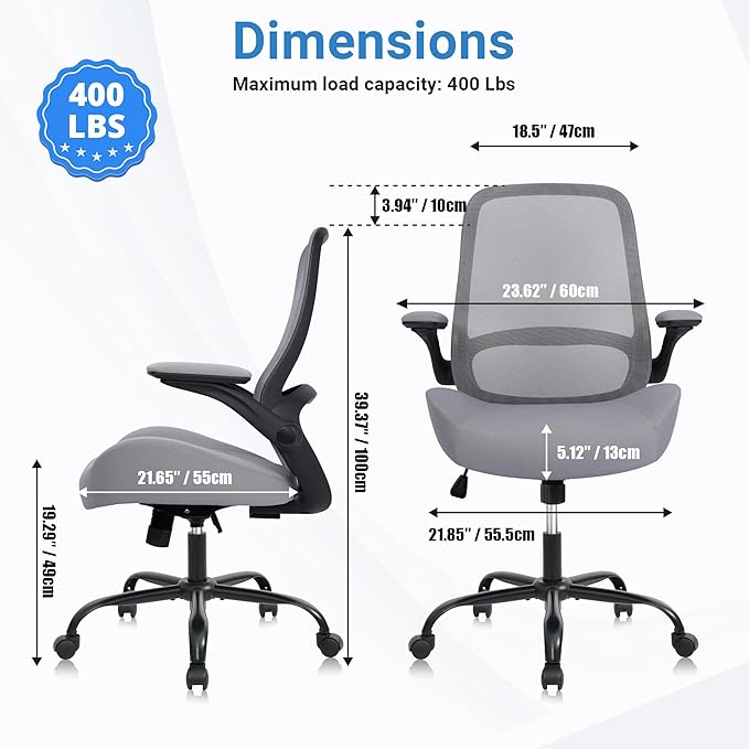 HYLONE Heavy Duty Office Chair, 5" Thickened Seat Ergonomic Desk Chair with Adjustable Armrests, Home Office Computer Chairs for Long Hours Mesh Executive Chair(Dark Grey)