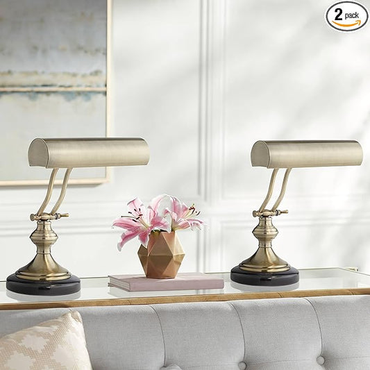 Regency Hill Serenity 12" High Small Traditional Piano Desk Lamps Set of 2 Adjustable Gold Antique Brass Finish Metal Shade Home Office Living Room Bedroom Bedside Nightstand House Reading Kitchen