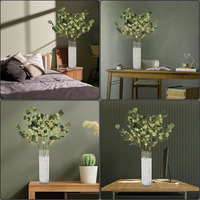 Lighted Eucalyptus Branches with Timer, Lighted Branches 33IN 99 LED, Artificial Light, Eucalyptus Night Light, Artificial Plant for Home Spring Party Wedding Decor-Battery Operated, Home Decor