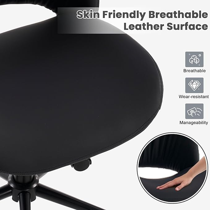 Rowill Armless Office Desk Chair, Ergonomic PU Leather Modern Task Chair with Back Adjustable Height, 360° Swivel Vanity Chairs with Wheels for Small Space, Home Office, Bedroom, Black