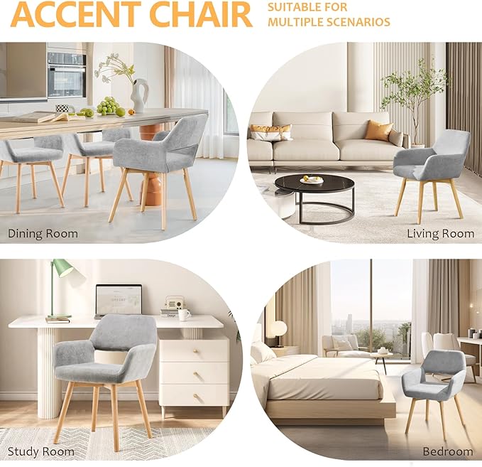 Mid Century Modern Dining Chairs Set of 4 & 2 & 6 Comfy Accent Chair Upholstered Kitchen Dining Living Room Chairs for Bedrooms Waiting Room Home Arm Desk Chair No Wheels (Gray, 4)