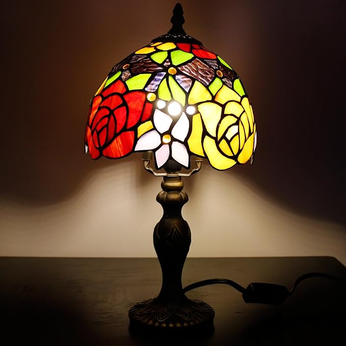 Small Tiffany Lamp Stained Glass Table Lamp Mini Desk Accent Light for Bedroom Bedside Reading Home Antique Style Decor 8X15 Inches (Red Yellow)