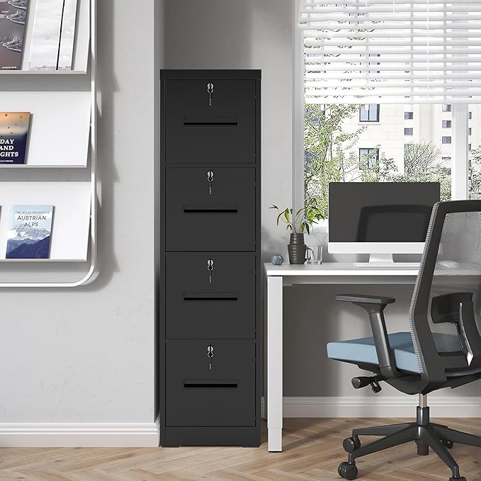 4 Drawer File Cabinet with 4 Individual Locks, Vertical Metal Filing Cabinet Home Office Narrow Locking File Cabinets for A4/Legal/Letter File Folders, Anti-Tilt Design, Need Assemble (Black)