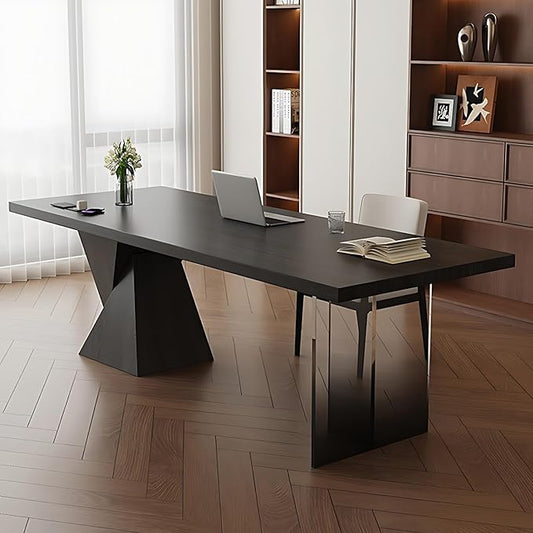 Modern Home Office Desk - Novel Design Office Table with Multifunctional Socket, Solid Wood Executive Desk with Spacious Desktop ＆ Personalized Table Legs (Black, 84IN)