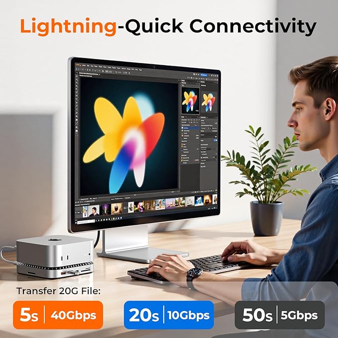 RayCue 40G Mac mini M4 Dock & Stand with 8T NVMe SSD Enclosure,2X USB-A 3.2 10Gbps, USB-C 3.2 10Gbps, SD/TF 4.0, 65W Power,8K DP Video Interface, 3.5m