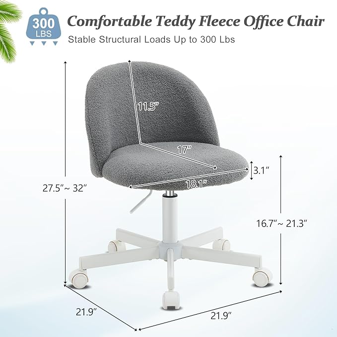 VINGLI Candy Chair Armless Cute Desk Chair,Comfy Small Office Chair with Wheels,Vanity Chair with Lumbar Support,Teddy Adjustable Rolling Swivel Computer Task Chair for Home Office,Bedroom,Muted Grey