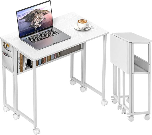 HOMCOM Small Folding Desk, Rolling Computer Desk Foldable with Storage Bag and Shelf, 31.5" Portable Writing Table on Wheels for Small Spaces, Home Office, Study, Easy Assembly, White