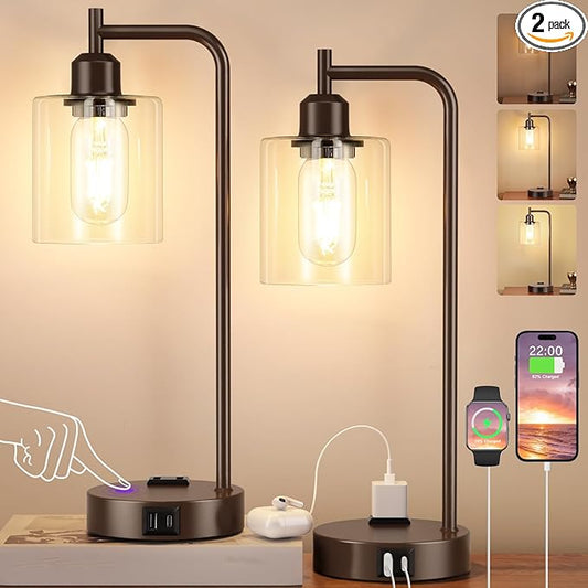 Innqoo Industrial Touch Table Lamps for Bedrooms Set of 2-3-Way Dimmable Lamps with USB C+A Ports and Outlet, Brown Bedside Lamps with Clear Glass Shade for Living Room, Desk Lamps for Home Office