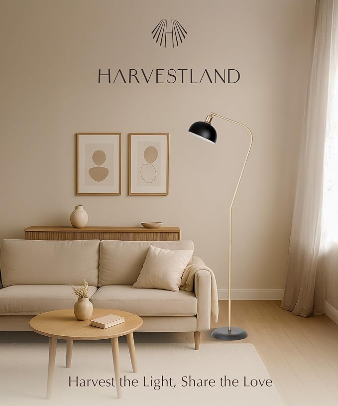 HarvestLand Halo Brass Floor Reading Lamp – Adjustable Pharmacy Floor Lamp with Solid Base, Reading Lamps Floor Standing, Black Floor Lamp for Living Room or Over Chair Use, Bedroom, Antique Décor