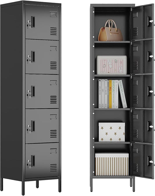Metal Locker with Lock and Ventilation Holes,Metal Storage Locker with Business Card Slof for Home,Gym,Garage,School,Office,66" H x 15.8" W x 15.8" D Assembly Required,Black