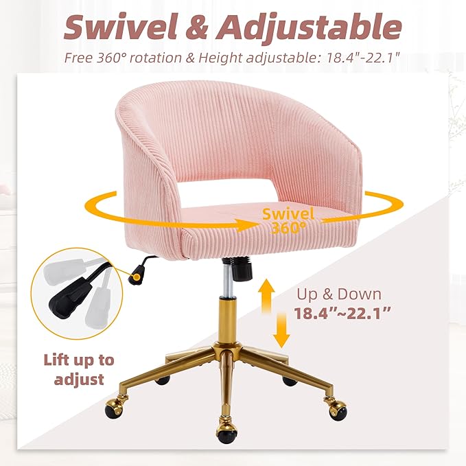 ABET Desk Chair with Wheels, Corduroy Home Office Chair, Swivel Armchair Gold Base, Upholstered Modern Accent Chairs, Back Incline Adjustable for Living Room Bedroom Vanity, Pink
