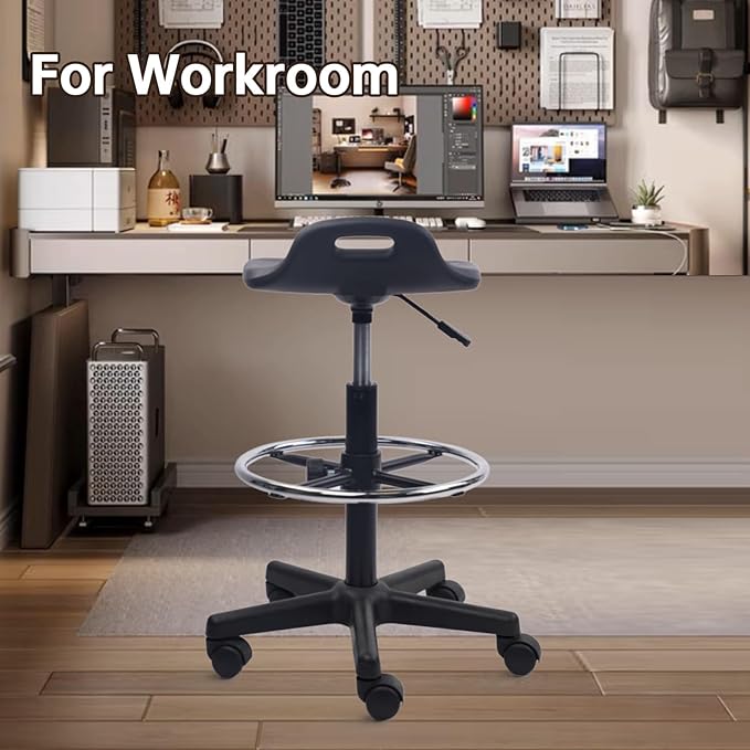 Adjustable Height Drafting Rolling Stool with Foot Rest Breathable Seat Cushion Swivel Chair, Multi-Purpose Work Stools for Nail Salon Office Bar Lab Counter Barber Kitchen Shop Black, 2PK